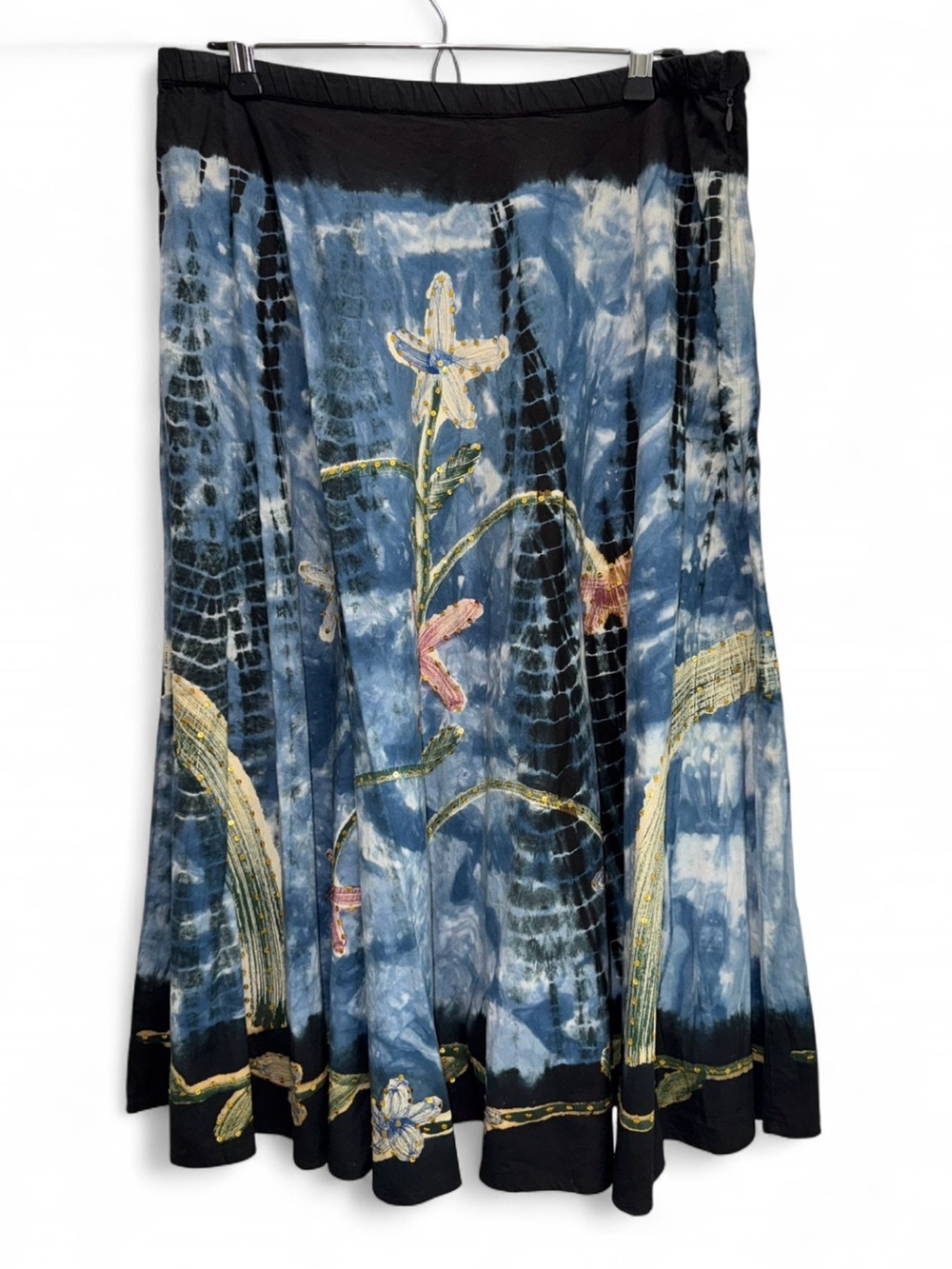 Forbidden Fairy Whimsical Boho Gypsy Blue Black Sequined 100% Cotton Skirt Sz M